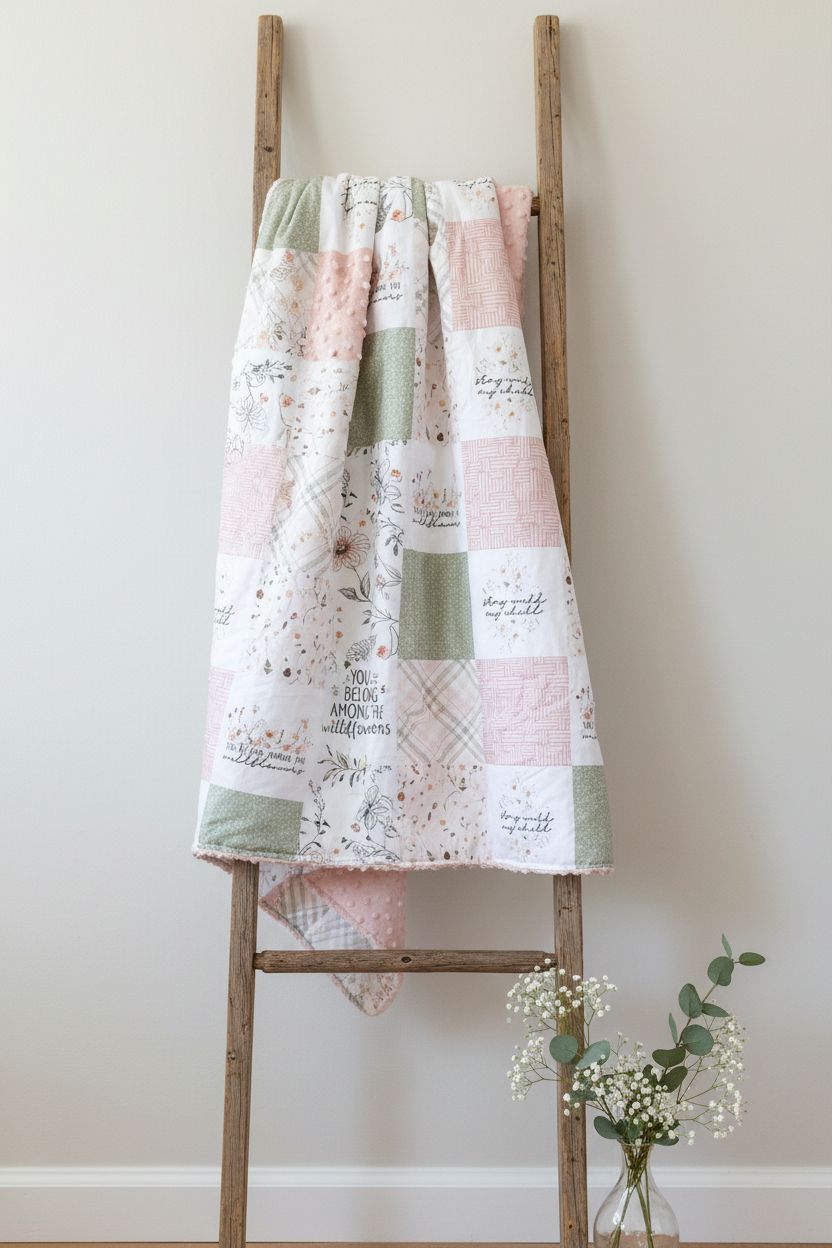 Pink Sage Green Floral Blanket Lifestyle on Ladder