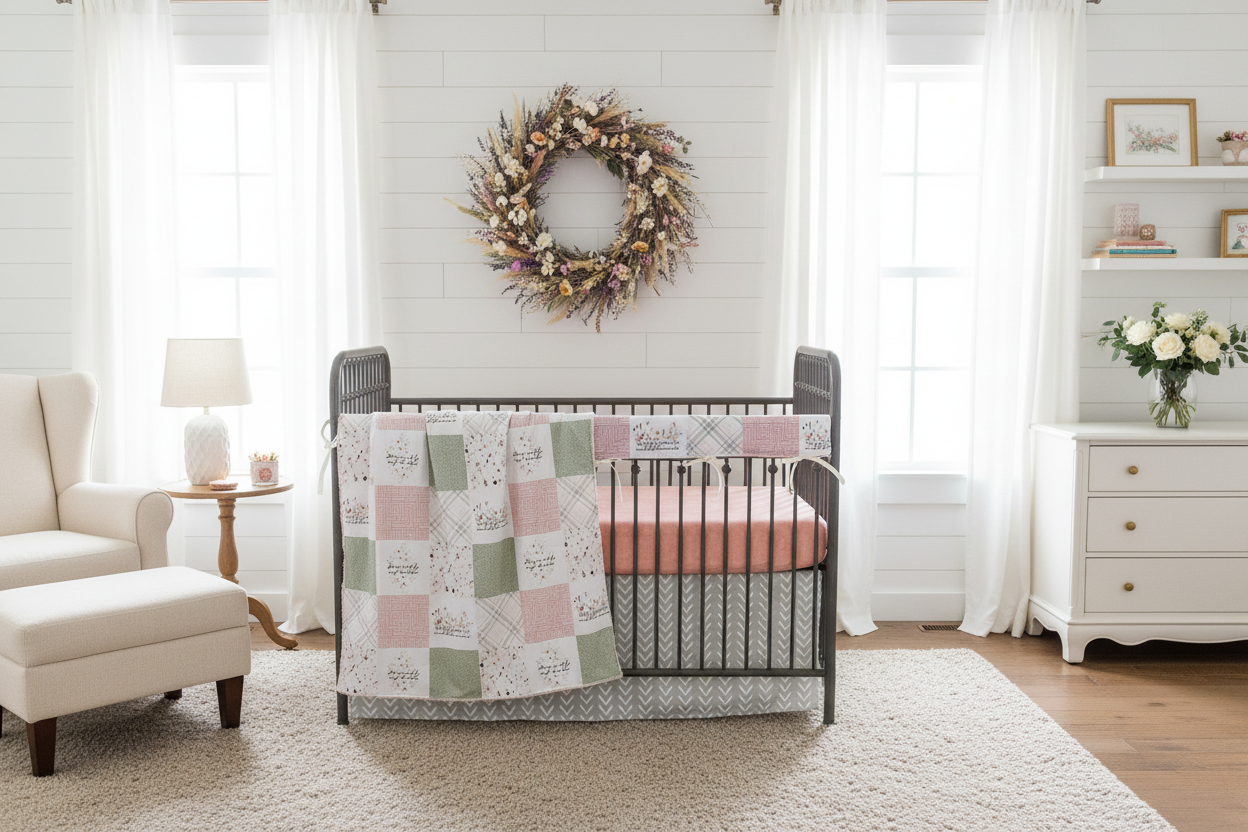 Pink White Gray Floral Bedding Lifestyle Nursery