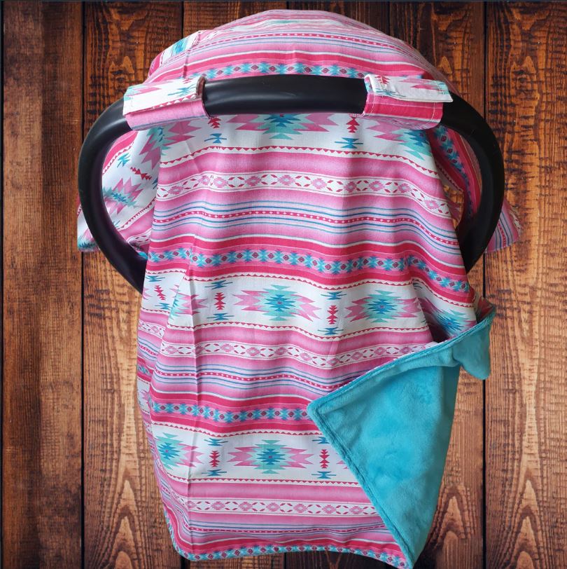 Carseat Tent - Pink Teal Aztec Western Tent - DBC Baby Bedding Co 