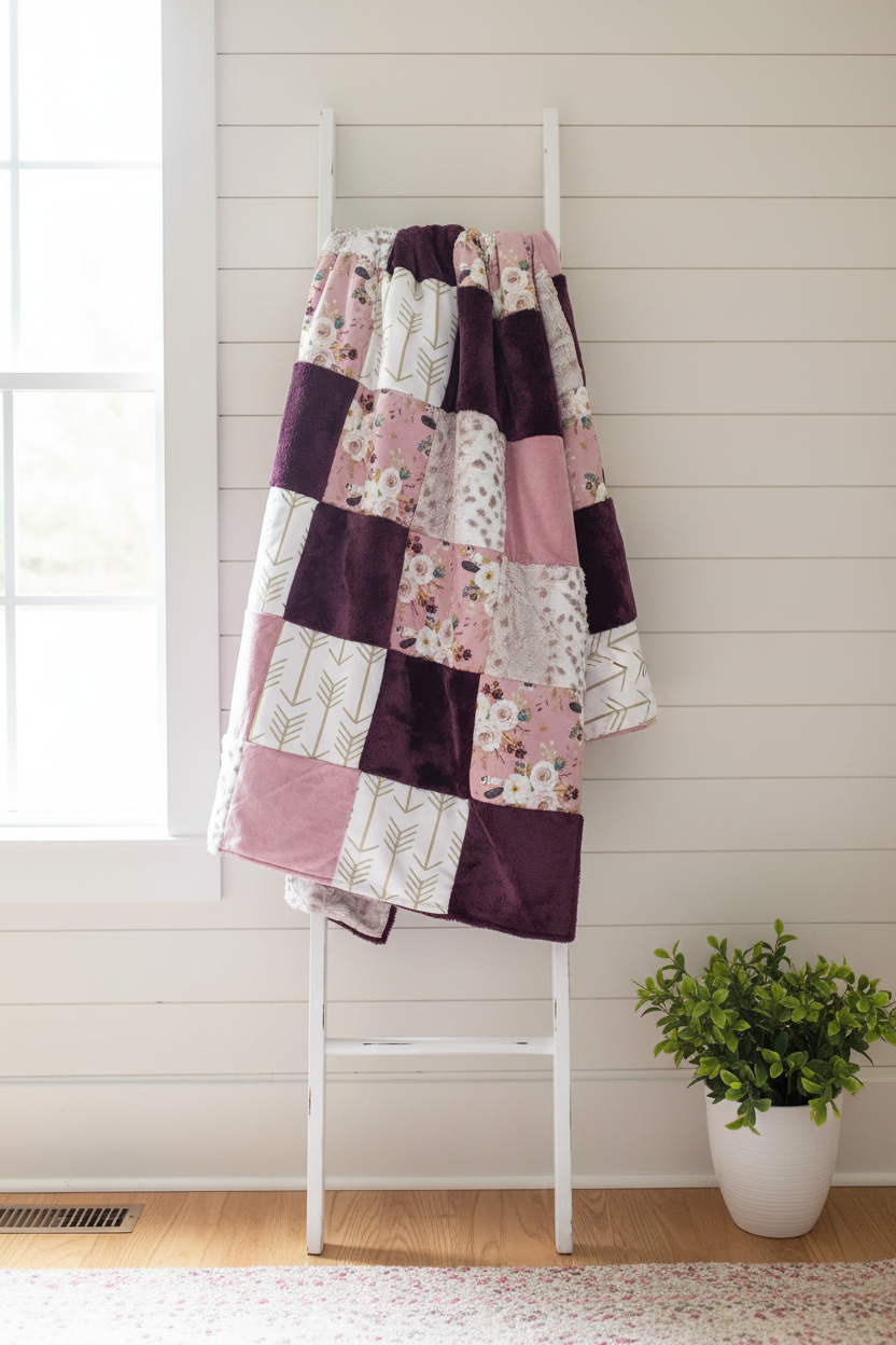 Plum Floral Patchwork Blanket on Ladder