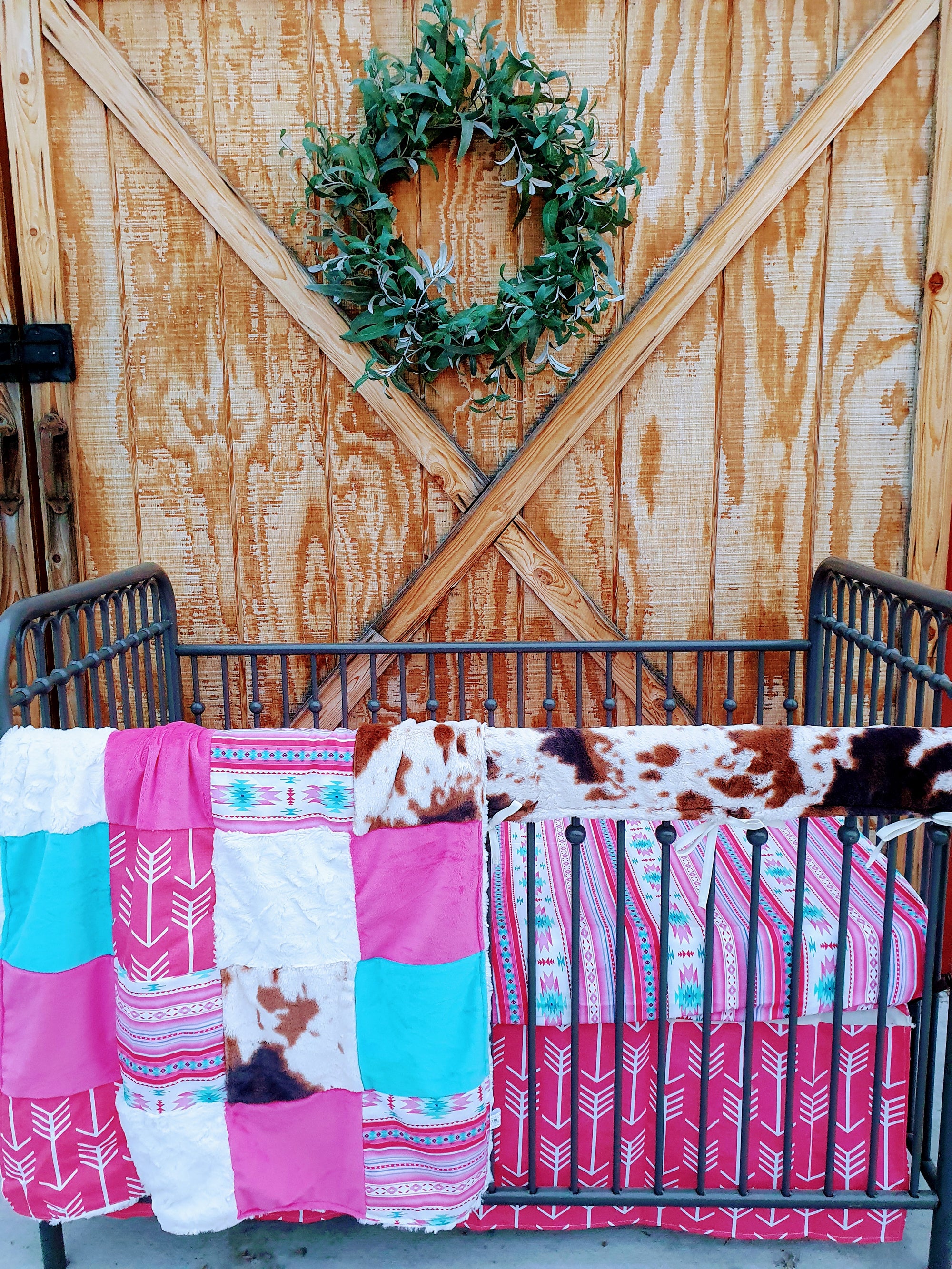 Girl Crib Bedding- Pink Aztec, Cow Minky Western Bedding and Nursery Collection - DBC Baby Bedding Co 