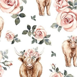 Rose Highland Cow and Dusty Rose Minky with ivory satin ruffle Baby Blanket - DBC Baby Bedding Co 