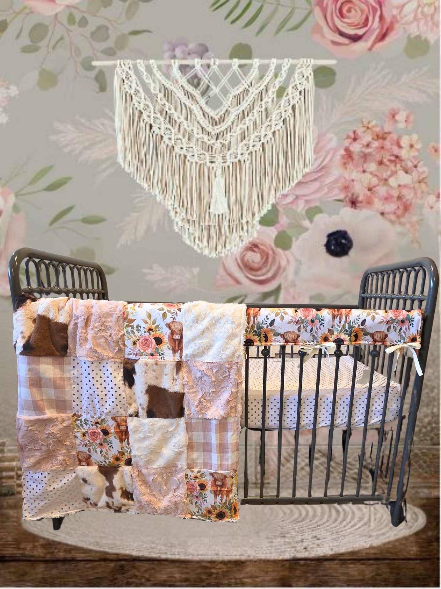 Sunflower Rose Highland Cow Western Girl Crib Bedding - DBC Baby Bedding Co 