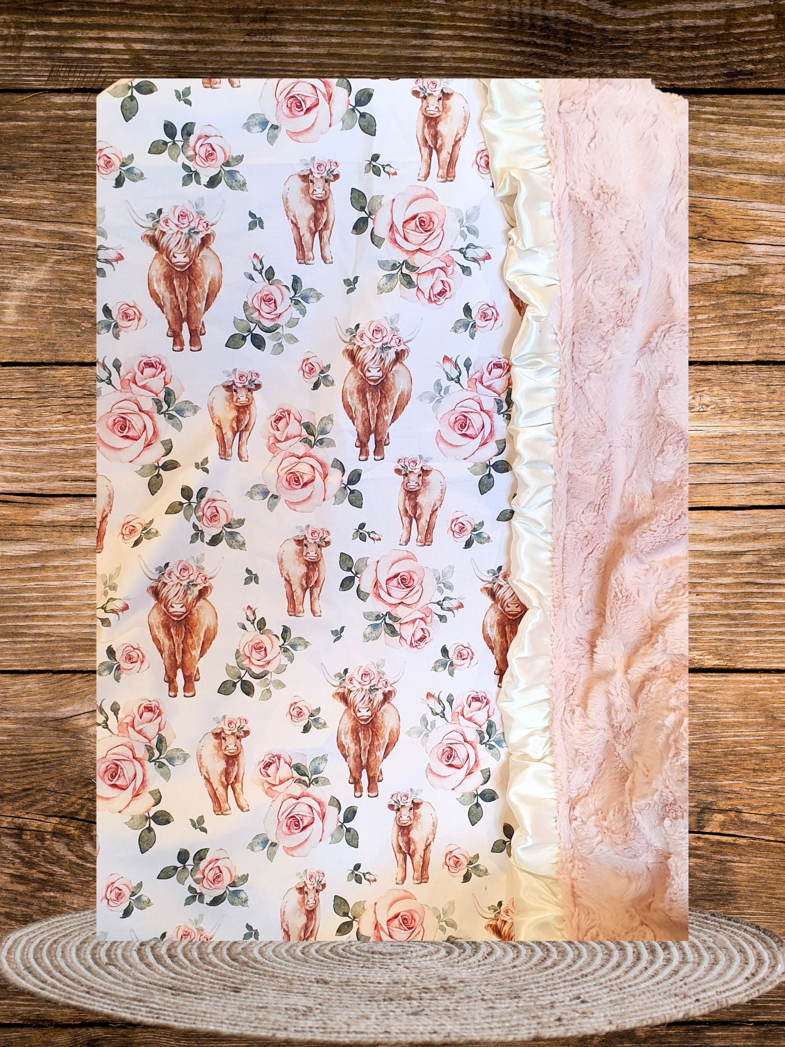 Rose Highland Cow and Dusty Rose Minky with ivory satin ruffle Baby Blanket - DBC Baby Bedding Co 