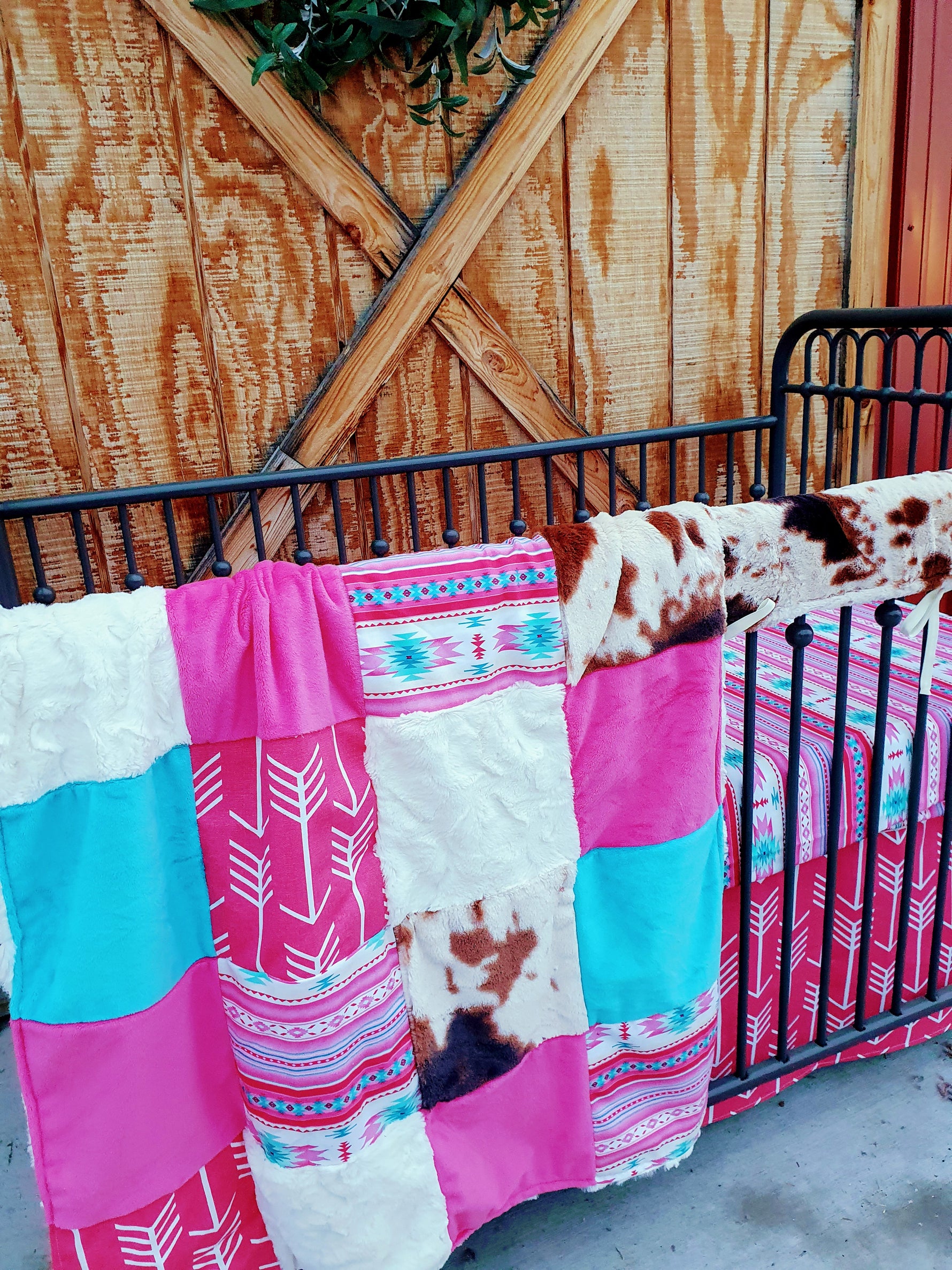 Girl Crib Bedding- Pink Aztec, Cow Minky Western Bedding and Nursery Collection - DBC Baby Bedding Co 