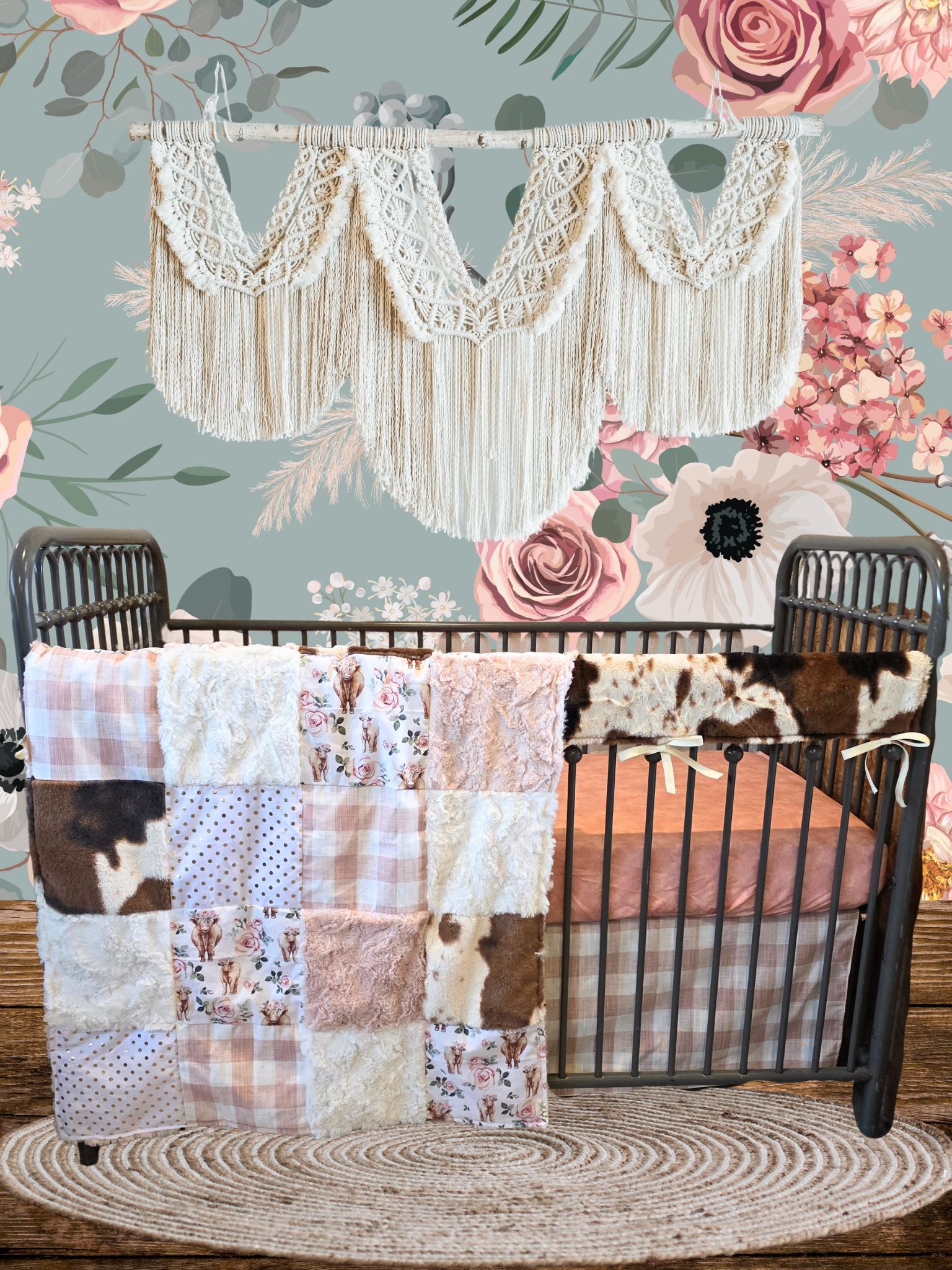 Rose Highland Cow Western Girl Crib Bedding - DBC Baby Bedding Co 
