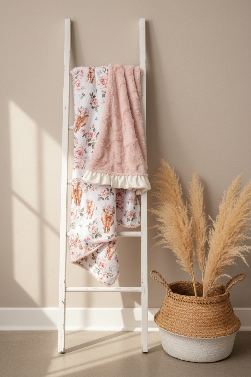 Rose Highland Cow and Dusty Rose Minky Western Blanket
