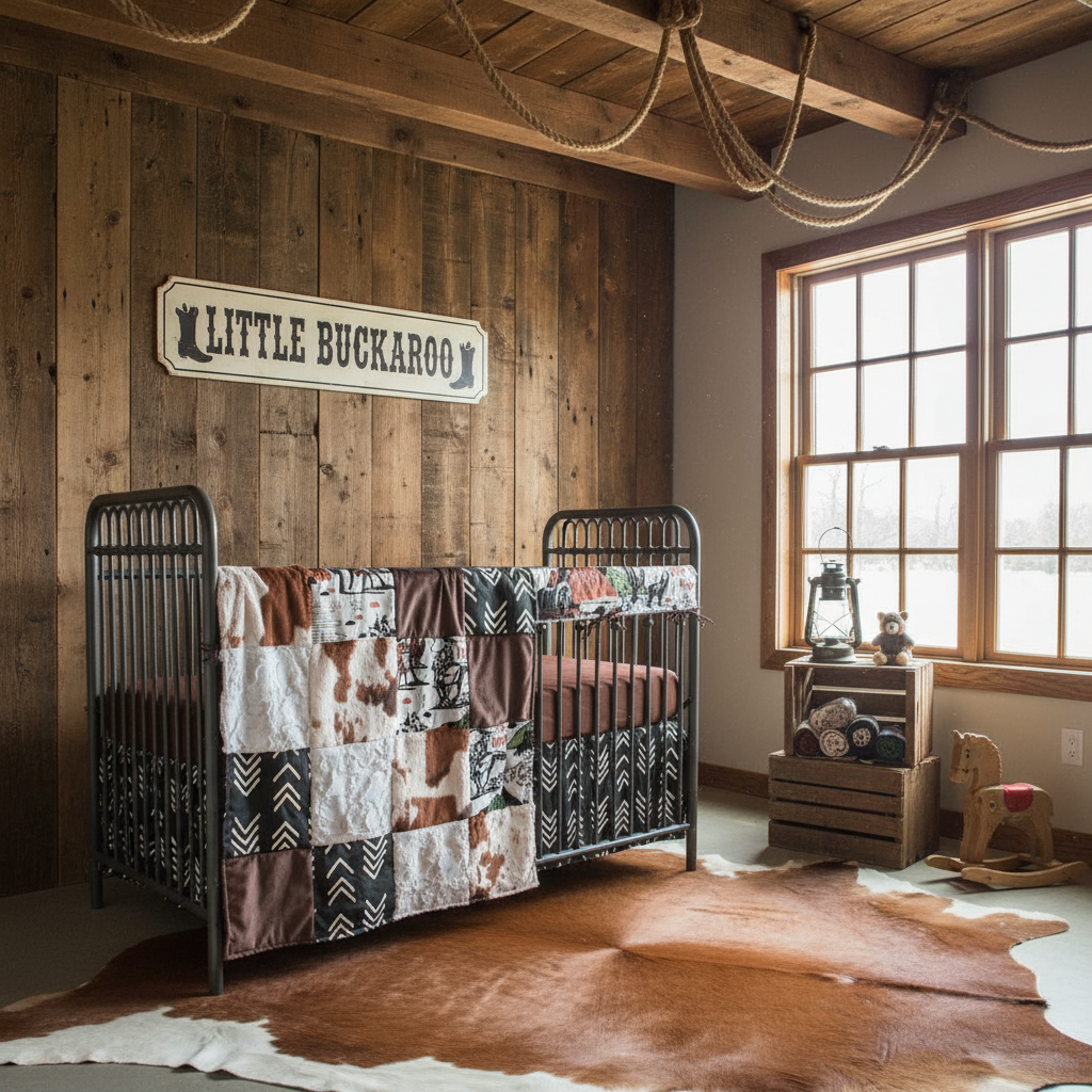 Rustic boy nursery with wood walls