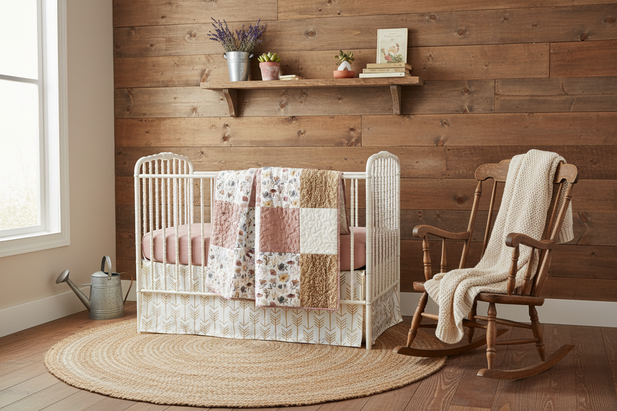 Rustic Nursery with White Metal Crib