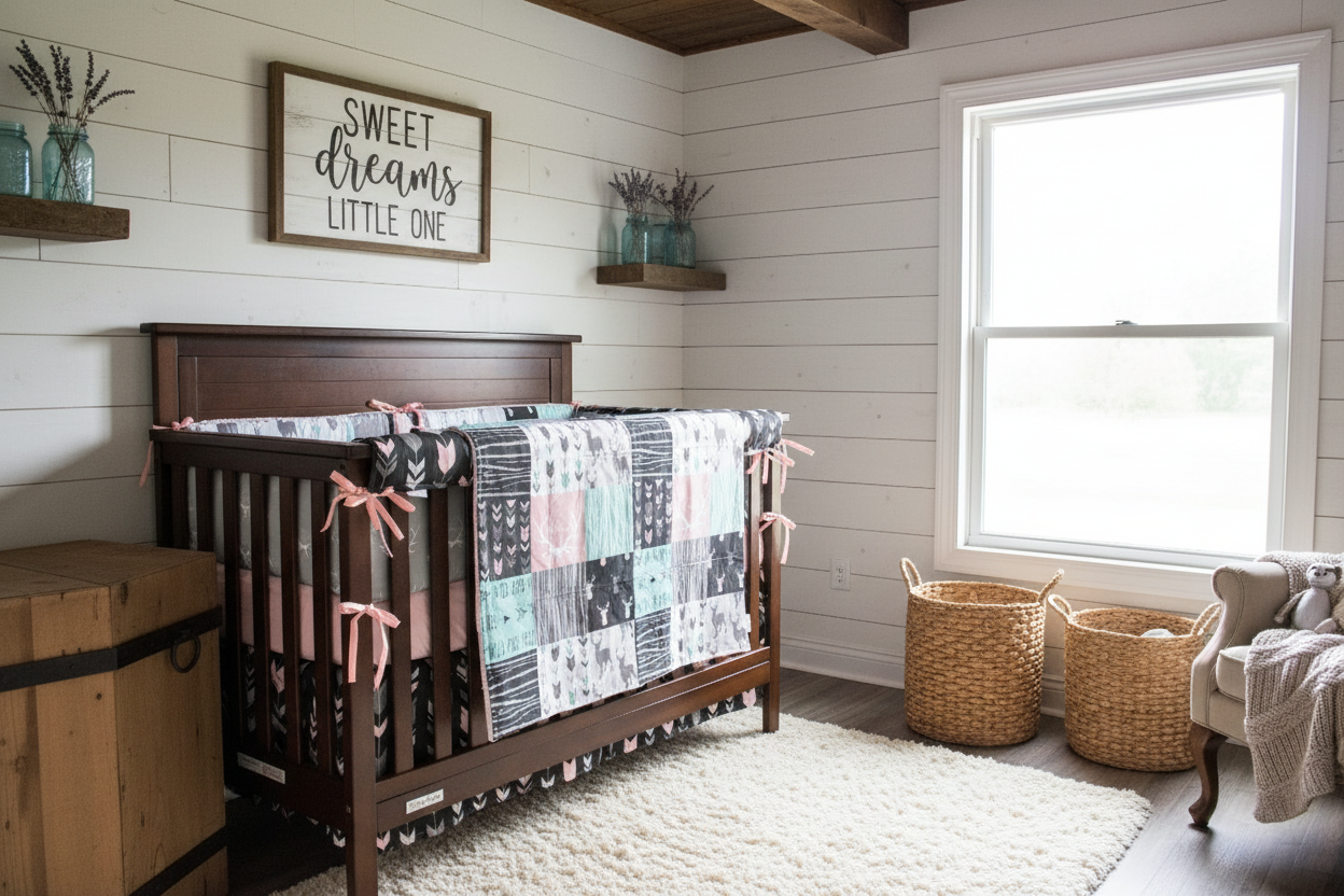 Rustic nursery with woodland bedding