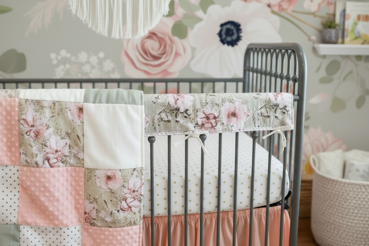 Sage Pink Floral Bedding Close-Up Detail