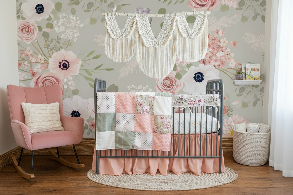 Sage Pink Floral Bedding - Gathered Coral Skirt