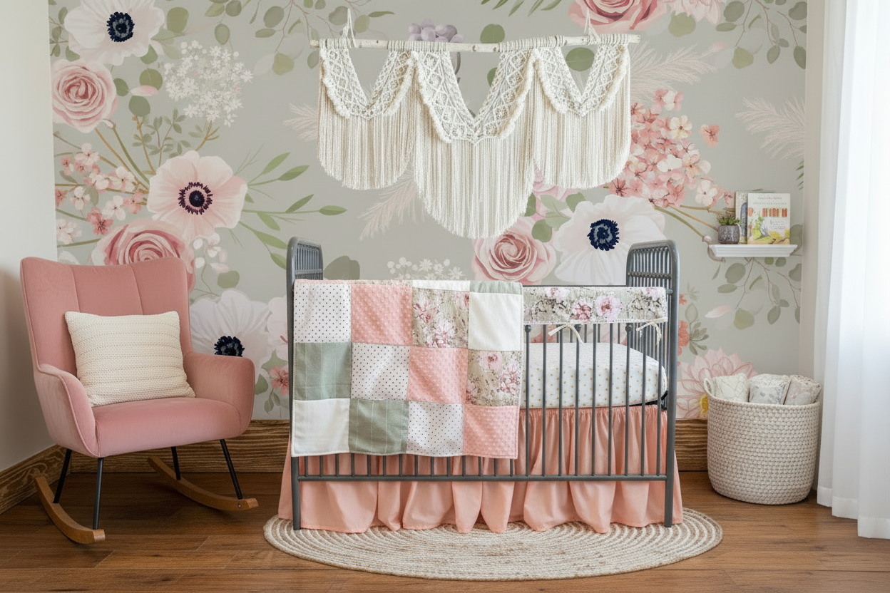 Sage Pink Floral Bedding - Gathered Coral Skirt