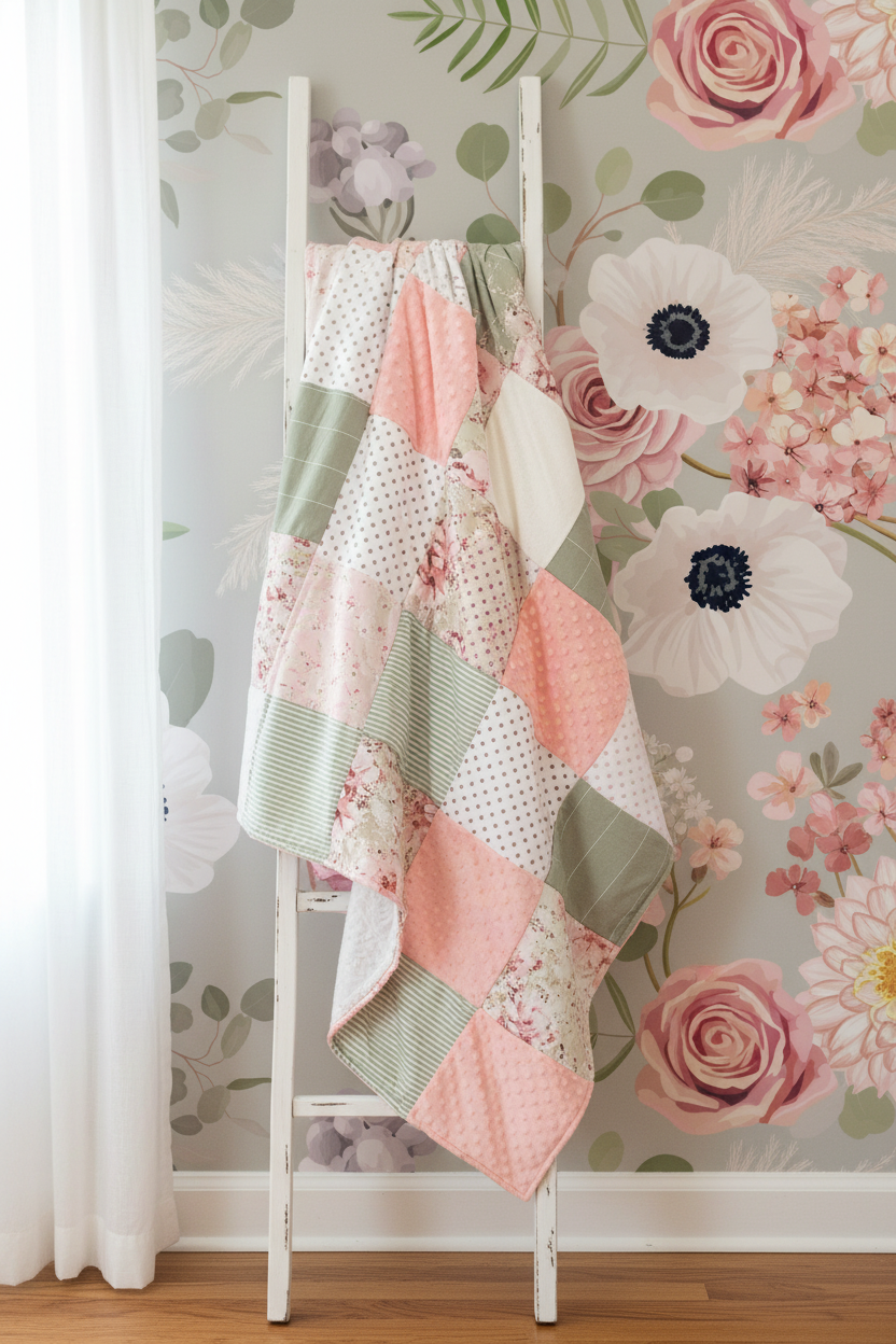 Sage Pink Floral Blanket on Ladder