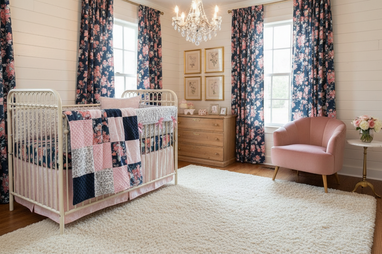 Silver Jaguar & Navy Floral Nursery Left Wall