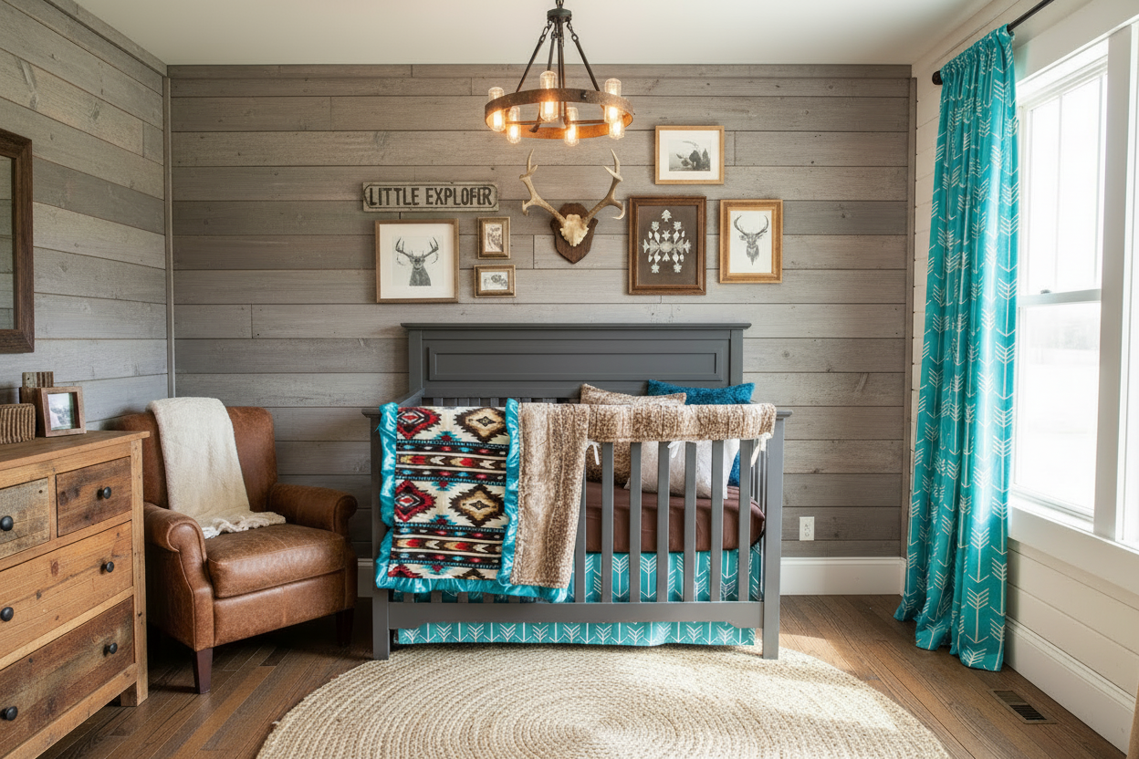 Southwestern Rustic Nursery - Teal Arrow Curtains