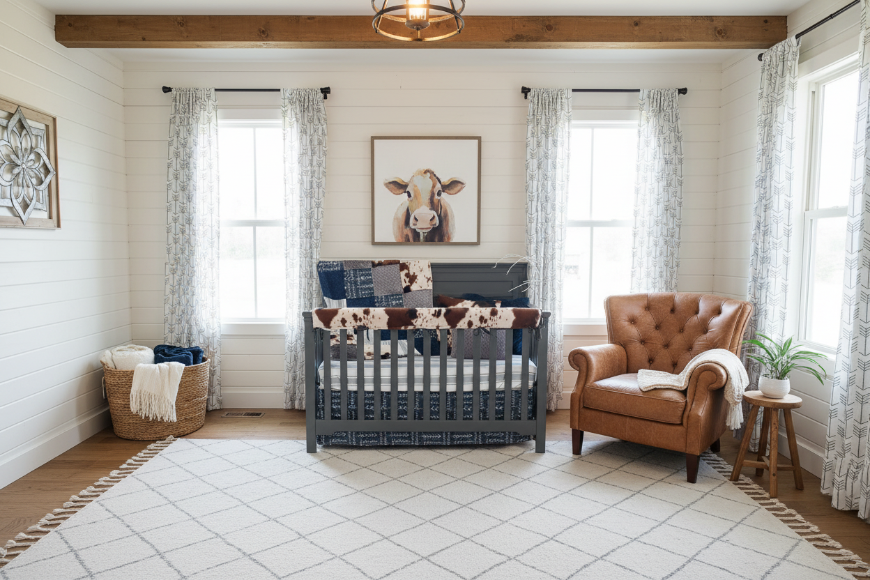 Spacious farmhouse nursery with basket left of crib and curtains