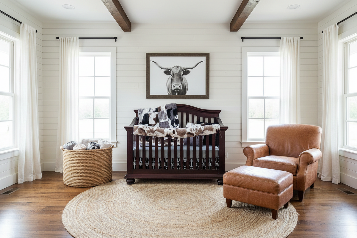 Spacious farmhouse nursery with cow and calf minky western bedding