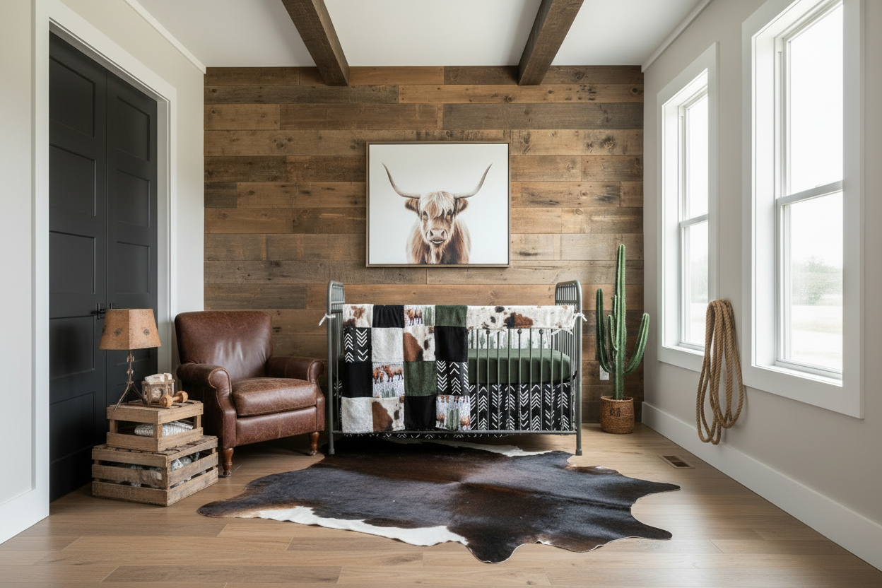 Spacious rustic highland cow nursery
