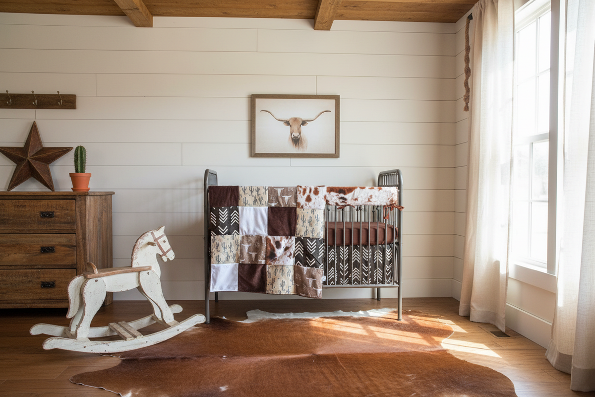 Steer, Cactus, and Cow Western Boy Crib Bedding in rustic nursery