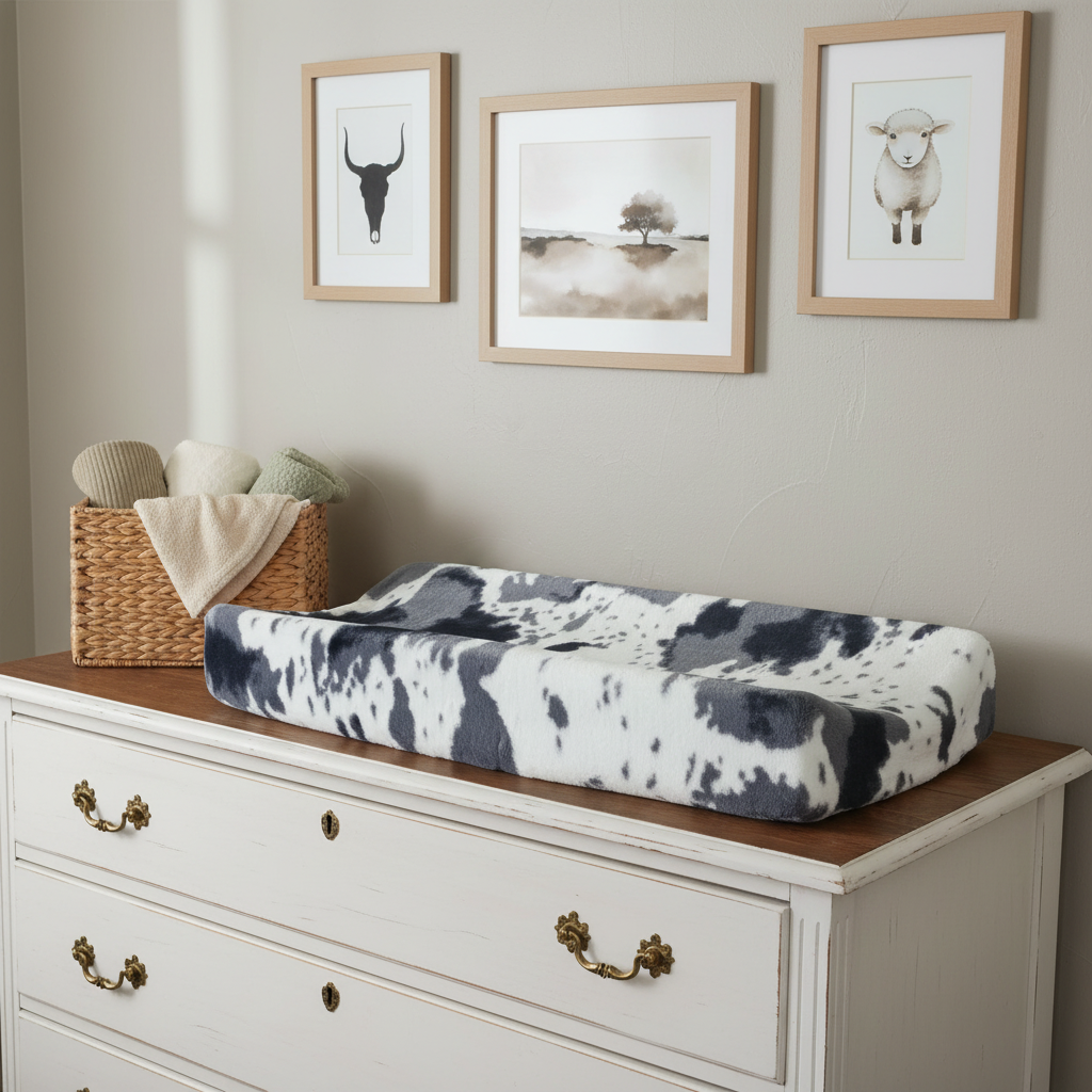 Storm Cow Minky Western Changing Pad Cover on White Antique Dresser
