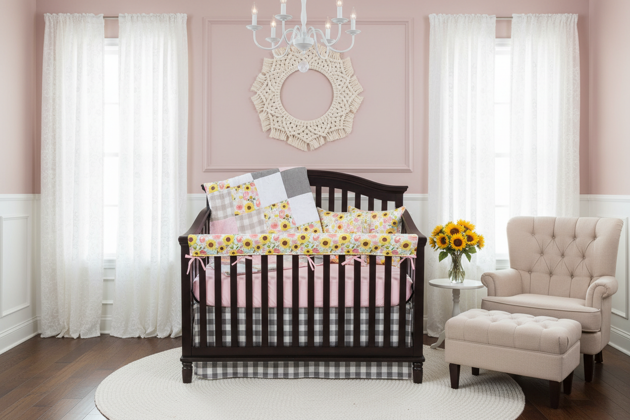 Sunflower Nursery with Blush Sheet and Gray Check Skirt