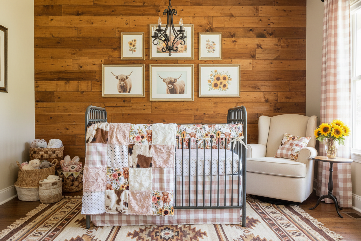 Sunflower Rose Highland Cow Nursery with Rose Gold Check Curtains