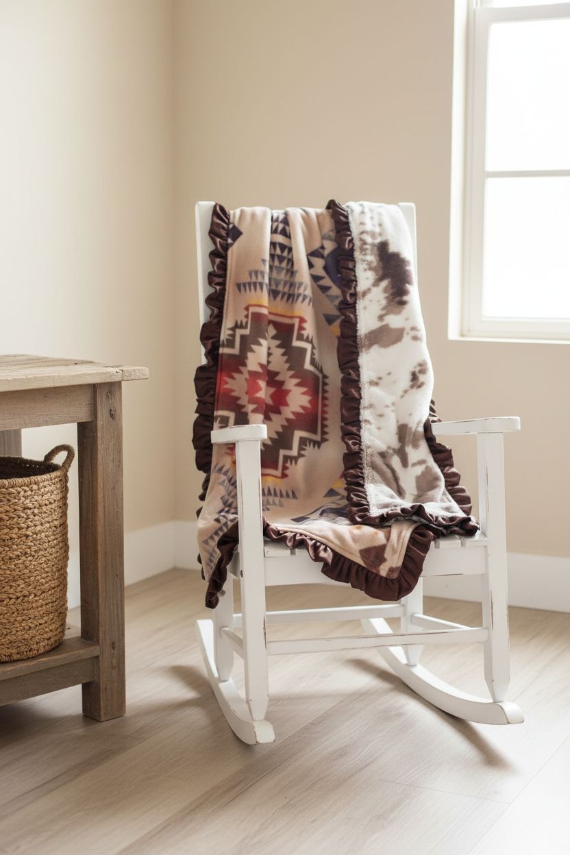 Tan Aztec and Brown Sugar Cow Minky Western Blanket Rocking Chair