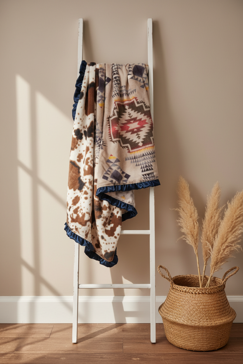 Tan Aztec and Cow Minky Western Blanket Corrected