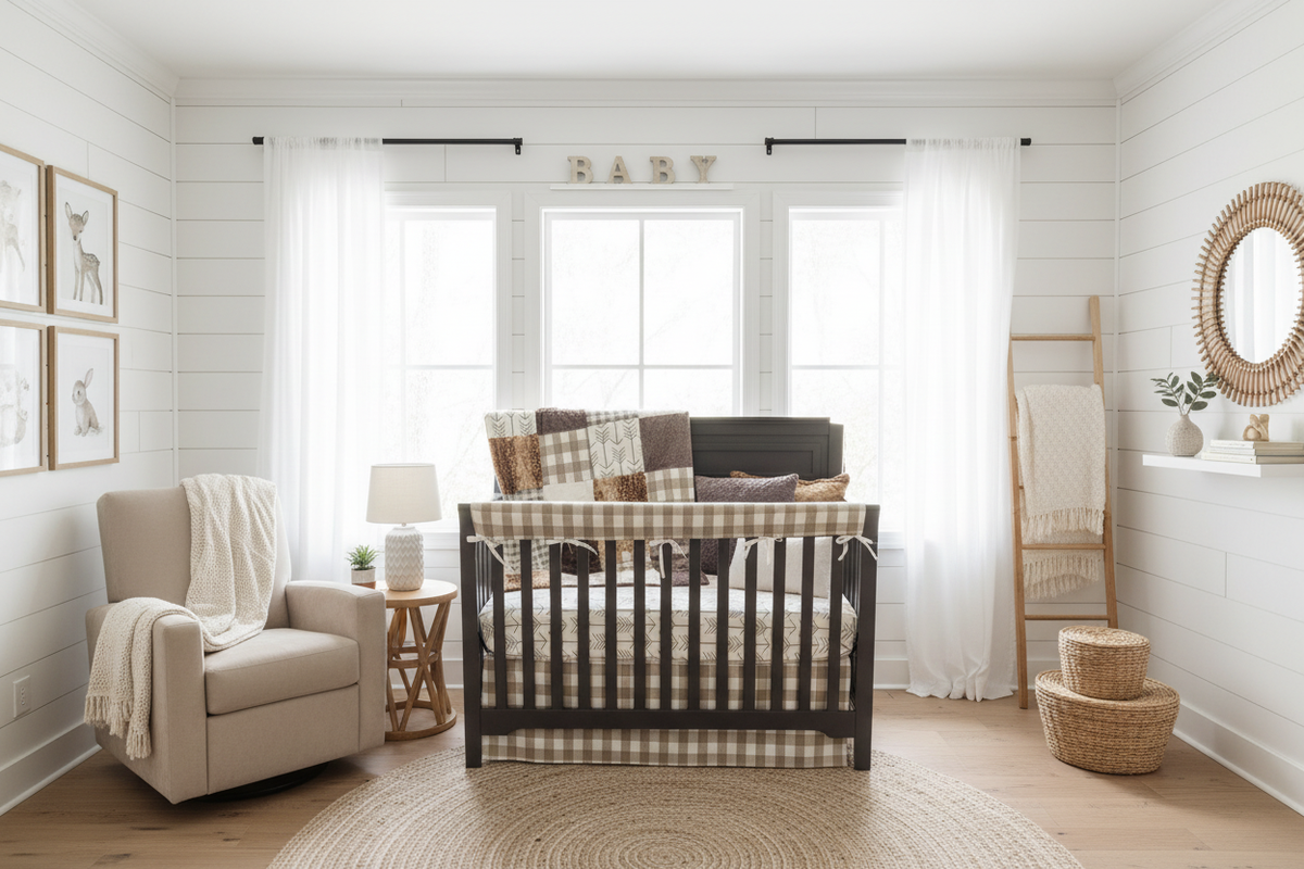 Tan Buffalo Check Nursery - Complete with Wall Decor