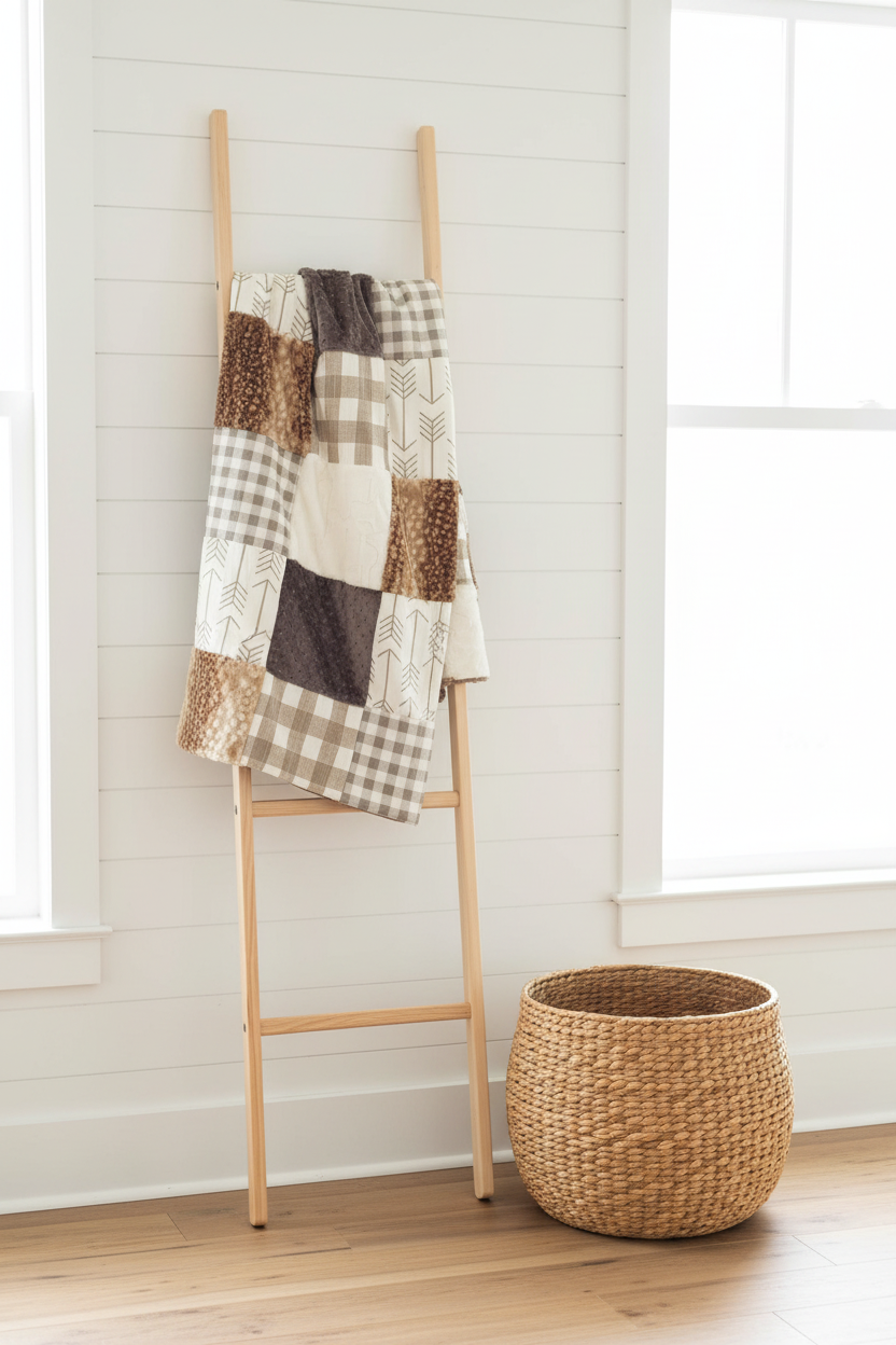 Tan Buffalo Check Patchwork Blanket on Ladder