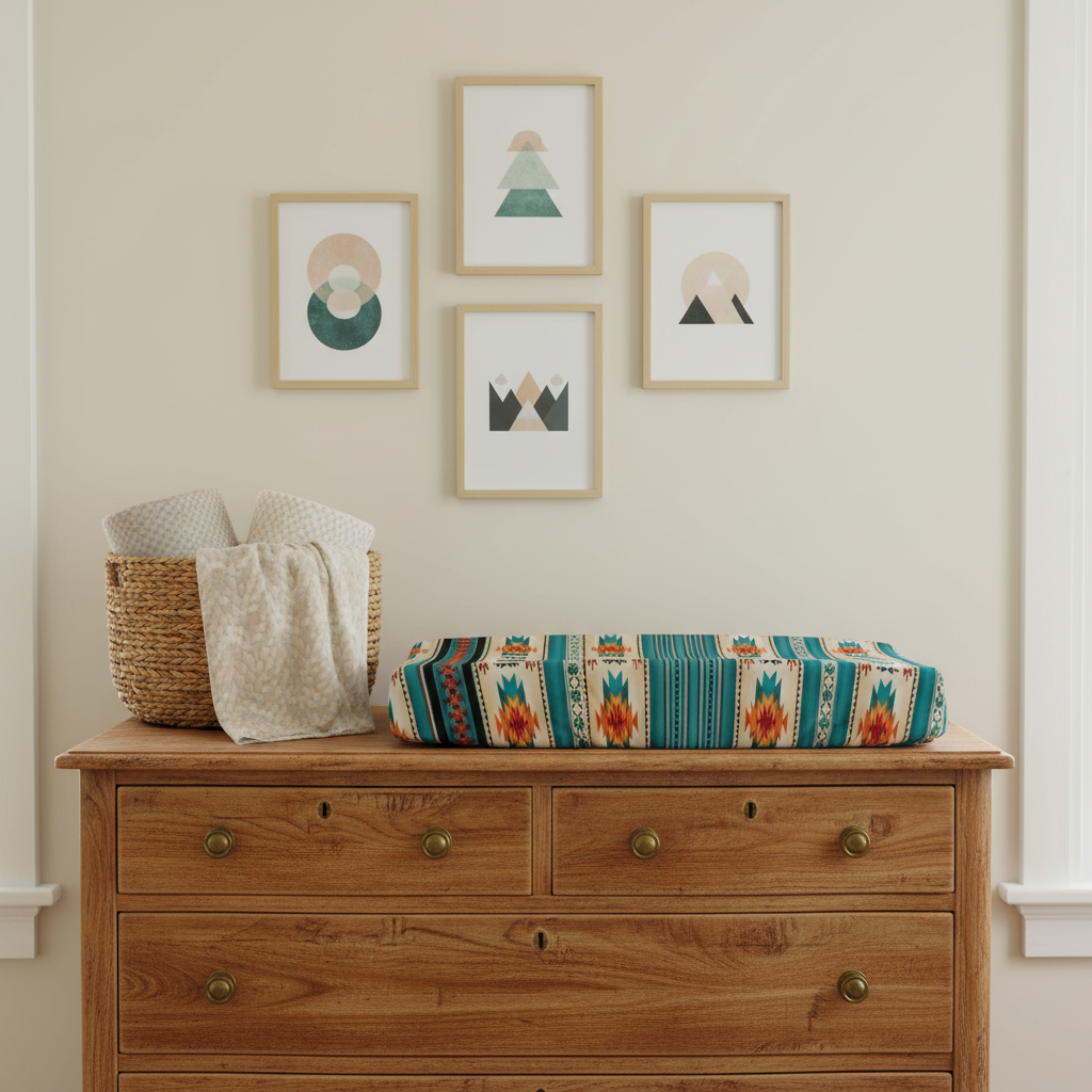 Teal Aztec Western Changing Pad Cover on Brown Dresser with Wall Art