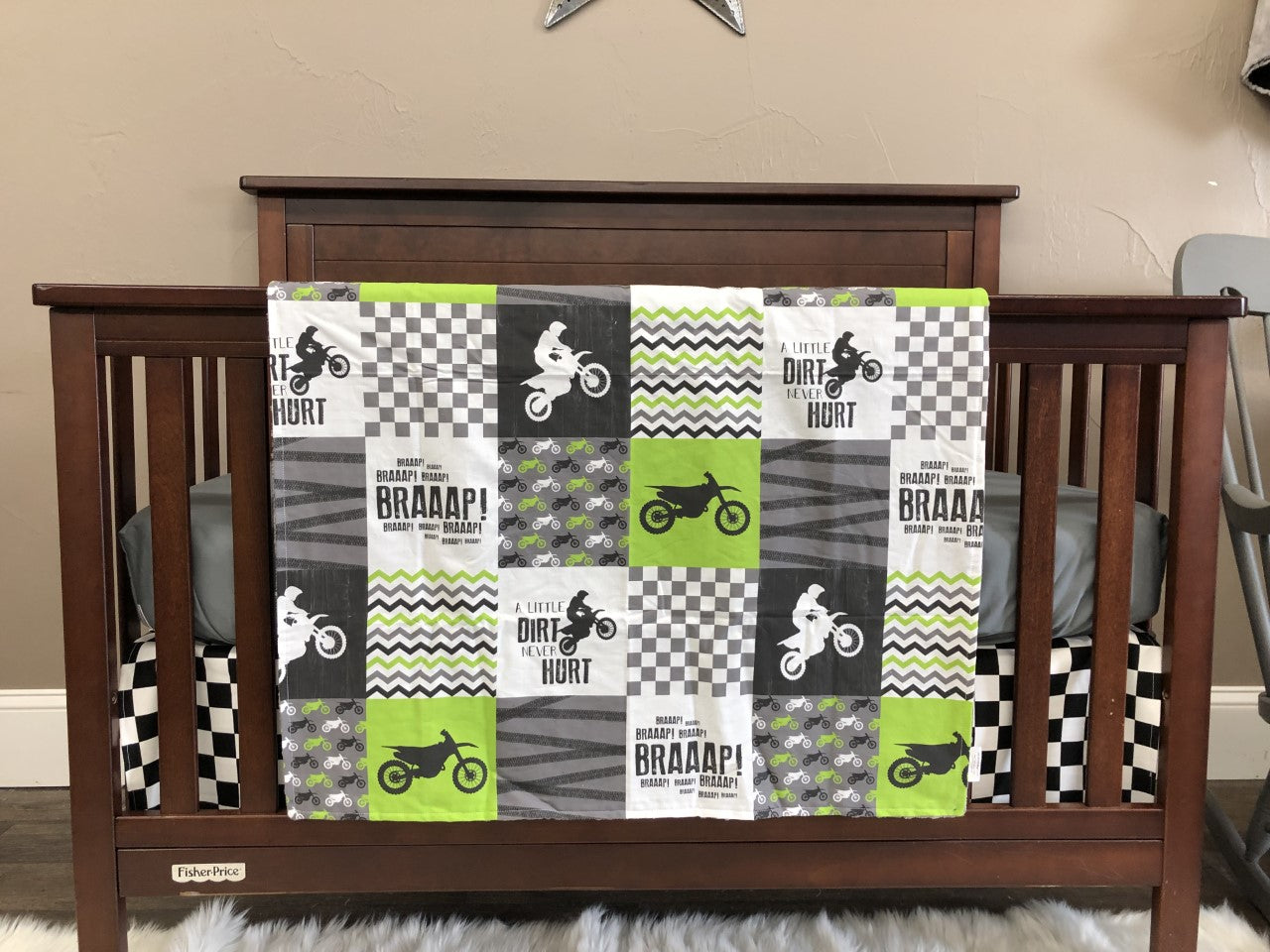 New Release Boy Crib Bedding - Dirt Bike, Race Flag Check, Motocross Baby Bedding Collection - DBC Baby Bedding Co 