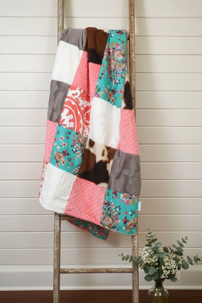 Turquoise Pink Cow Print Blanket Lifestyle on Ladder