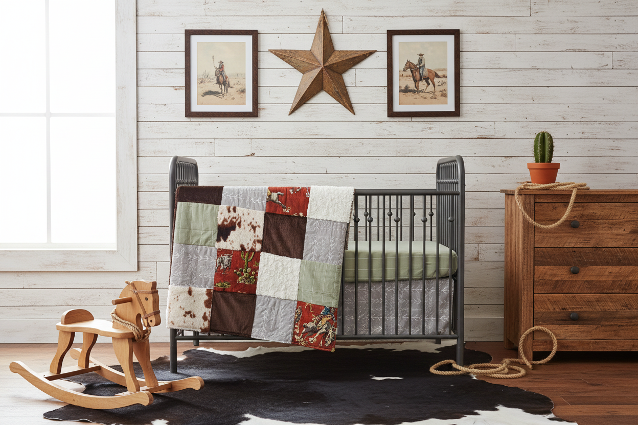 Vintage Cowboy and Cow Minky Western Boy Crib Bedding lifestyle image