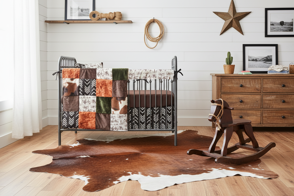 Western Cowboy Toile and Cow Minky Boy Crib Bedding with brown sheet