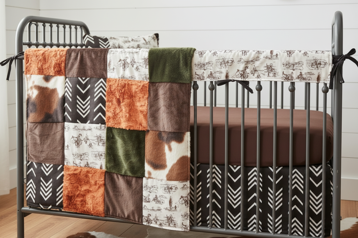 Western Cowboy Toile and Cow Minky Boy Crib Bedding zoomed in
