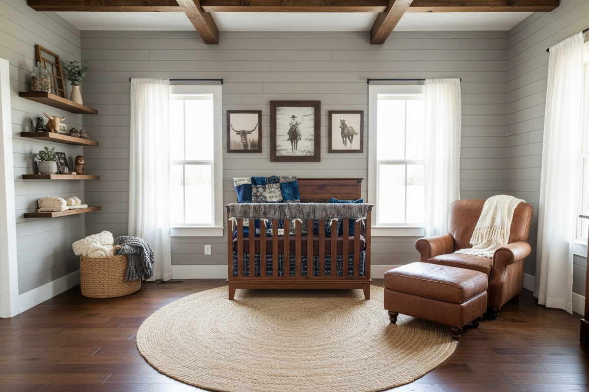 Western farmhouse nursery with gray shiplap and cowboy bedding - brown sheet