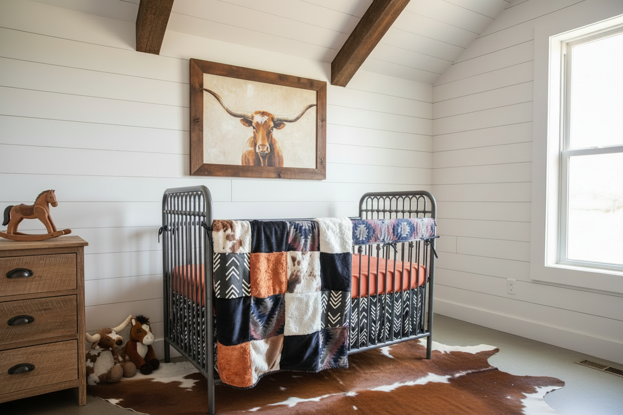 Western nursery with cowhide rug and steer art