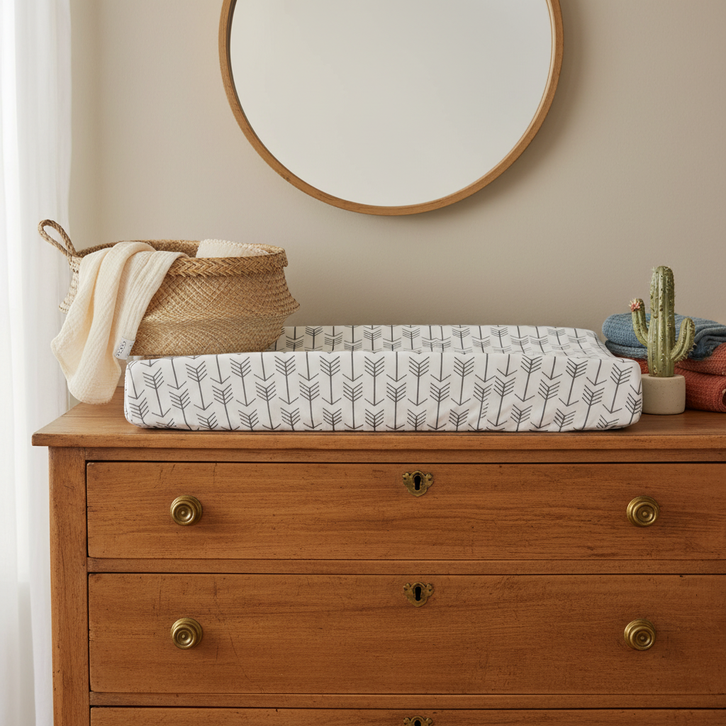 White with Gray Arrow Western Changing Pad Cover on Antique Dresser