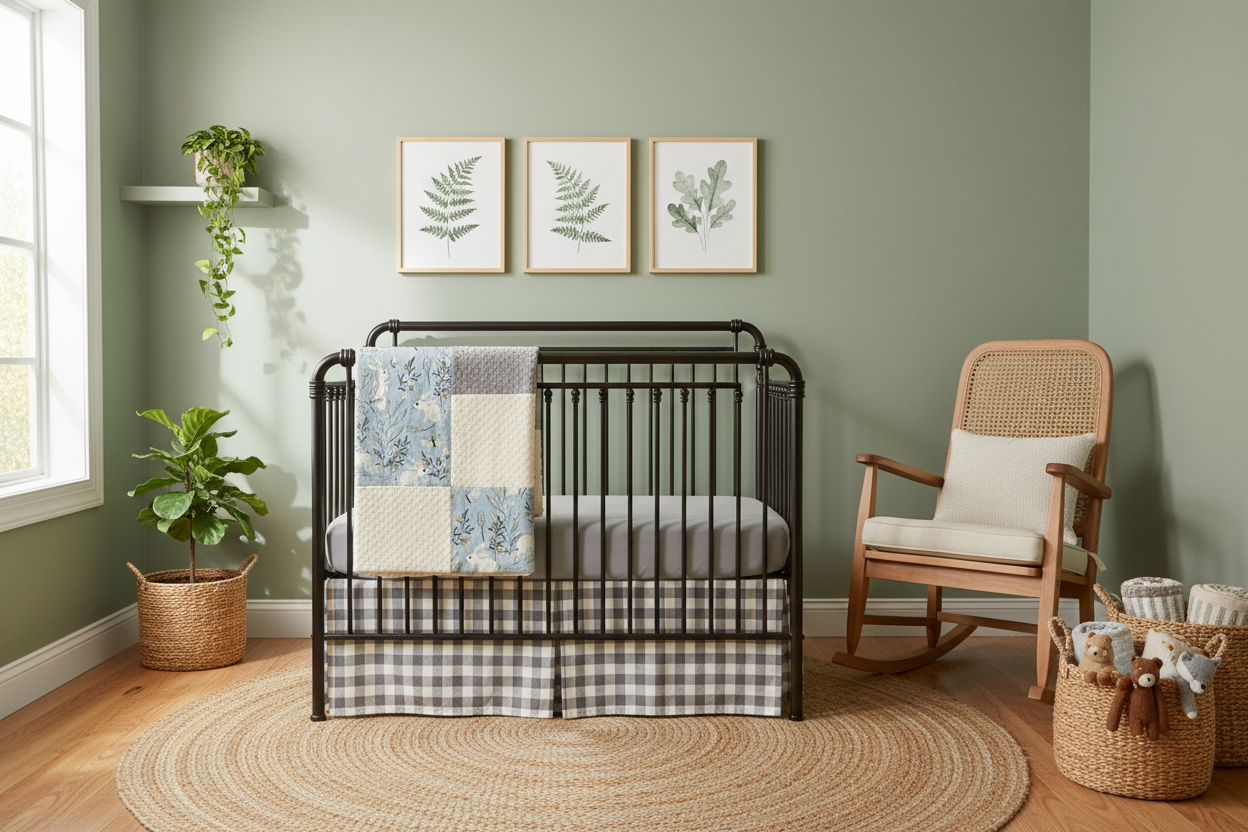 Woodland nursery with non-quilted patchwork blanket