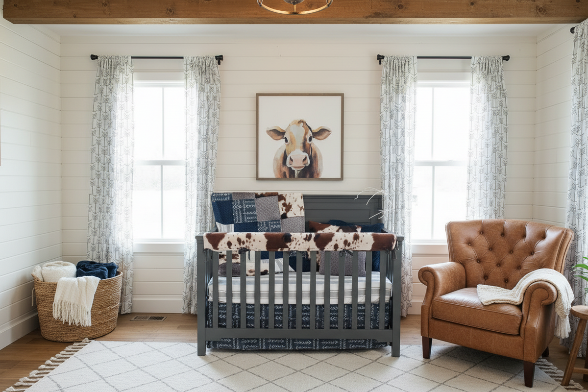 Zoomed in view of farmhouse nursery with navy arrow and cow print bedding