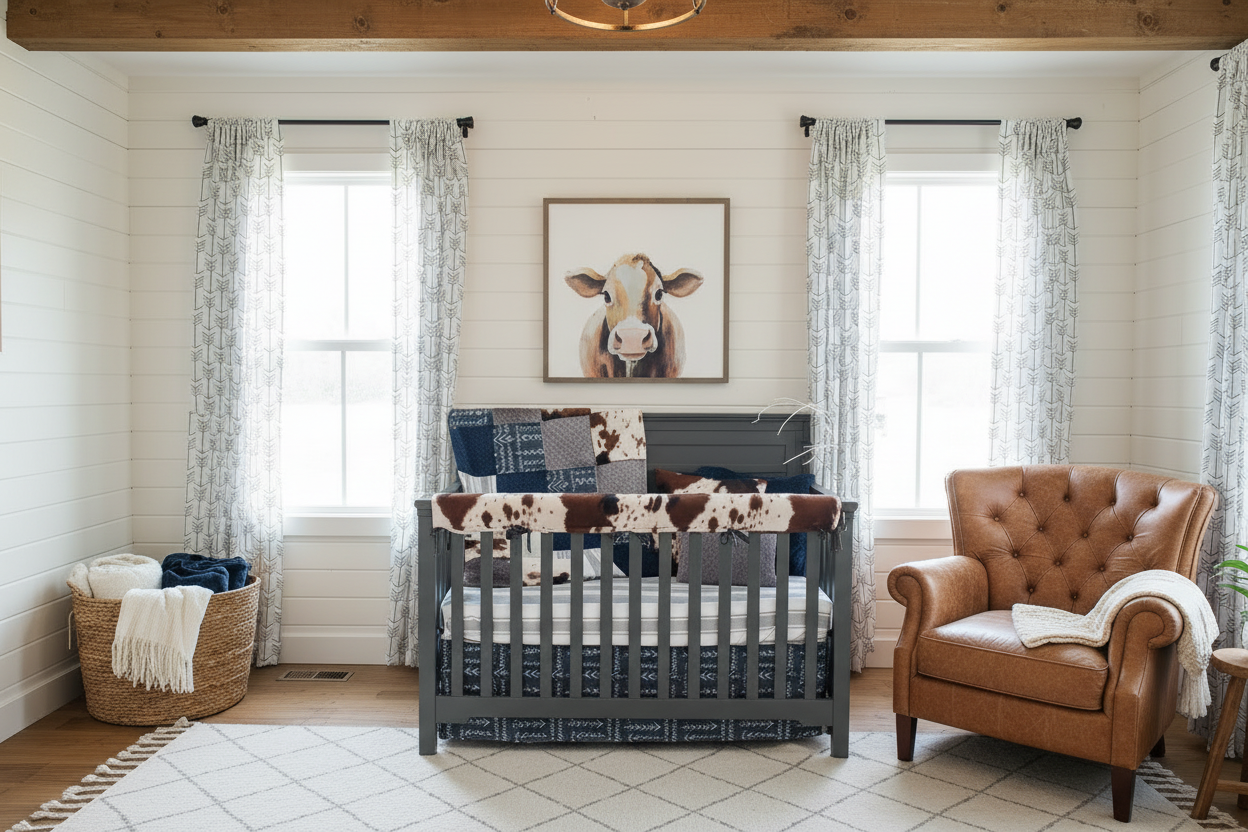 Zoomed in view of farmhouse nursery with navy arrow and cow print bedding