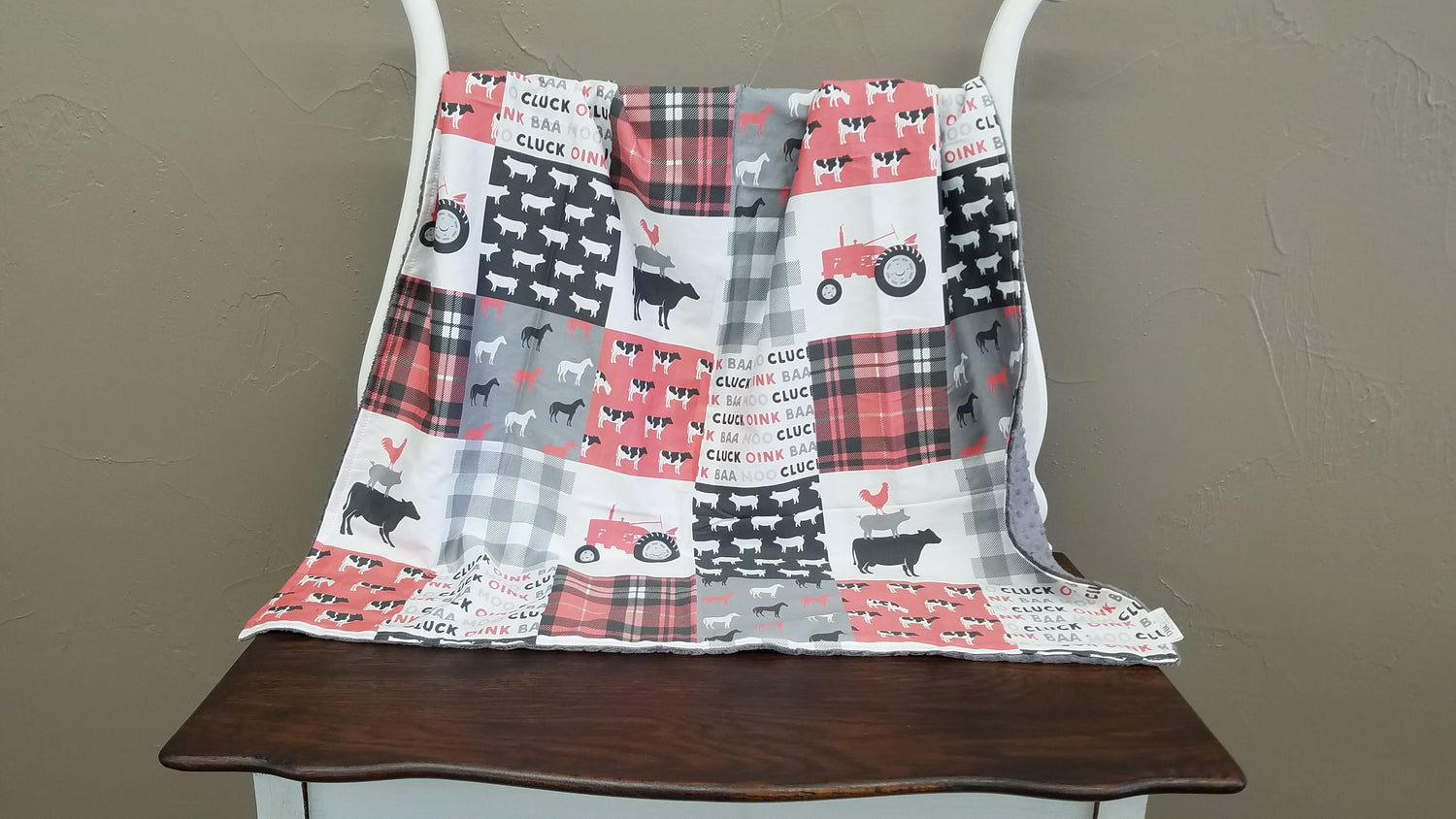 Blanket - Farm Life in Coral and Gray - Tractors, Cows, Check - DBC Baby Bedding Co 