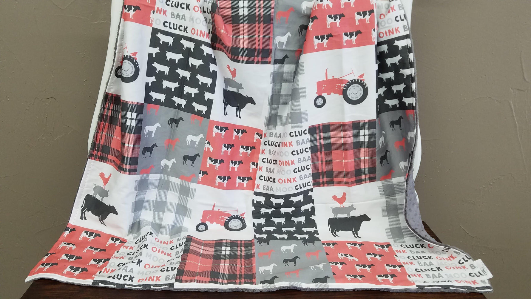 Blanket - Farm Life in Coral and Gray - Tractors, Cows, Check - DBC Baby Bedding Co 