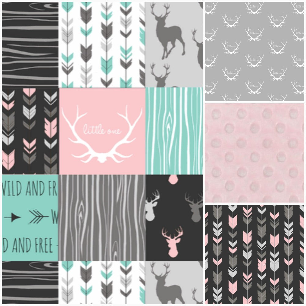 Custom Girl Crib Bedding - Little One Antlers, Wild and Free Woodland Collection - DBC Baby Bedding Co 