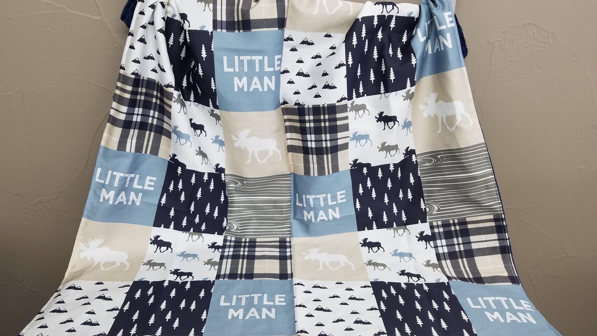 Twin, Full, or Queen Comforter - Little Man Moose Patchwork Print in navy, tan, and blue - DBC Baby Bedding Co 