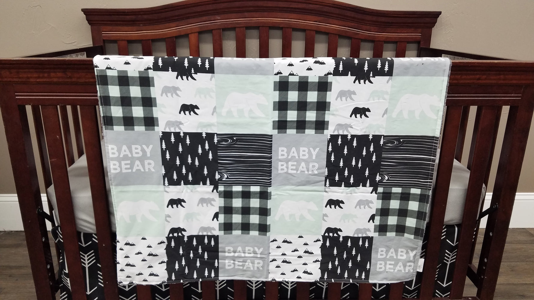 Boy Crib Bedding - Mint, Gray, Black Baby Bear - DBC Baby Bedding Co 