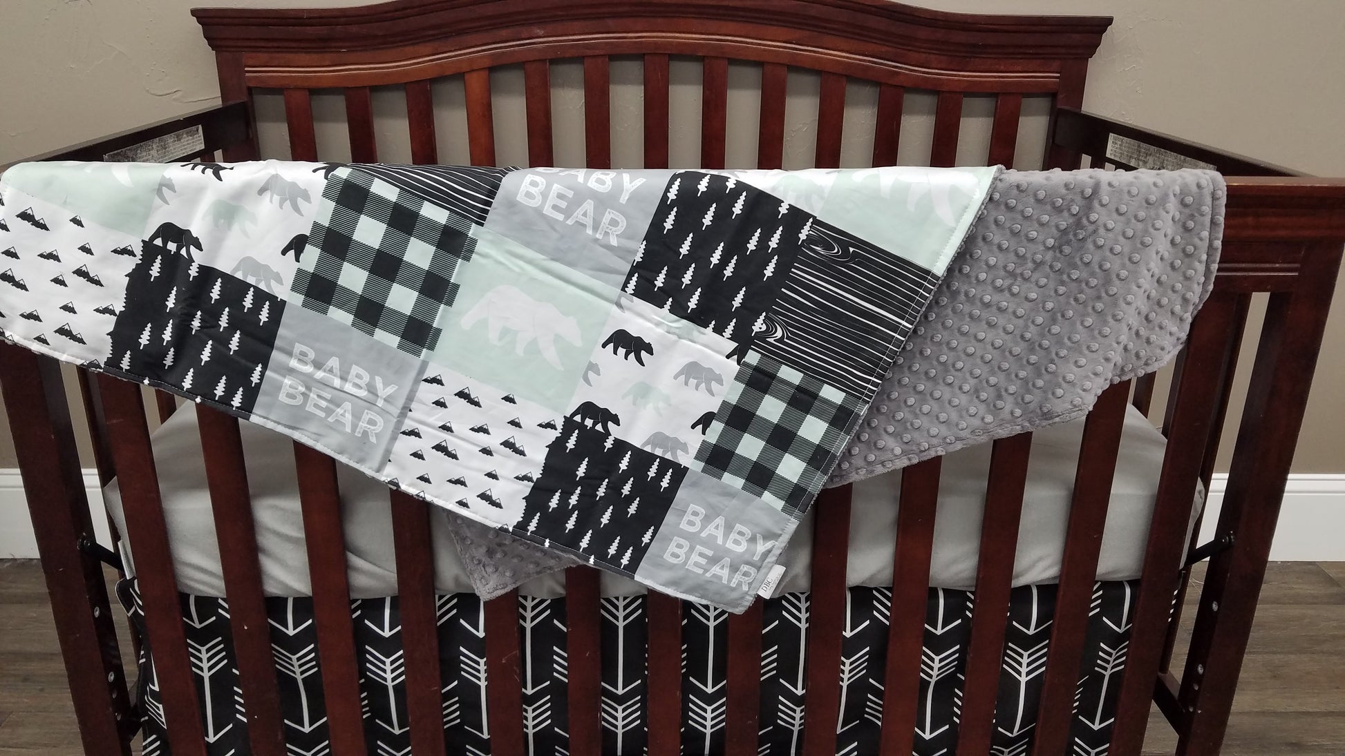 Boy Crib Bedding - Mint, Gray, Black Baby Bear - DBC Baby Bedding Co 