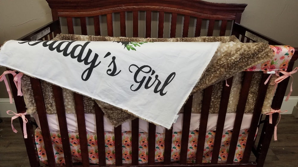 Custom Girl Crib Bedding - Daddy's Girl Deer and Rose Woodland Nursery Collection - DBC Baby Bedding Co 